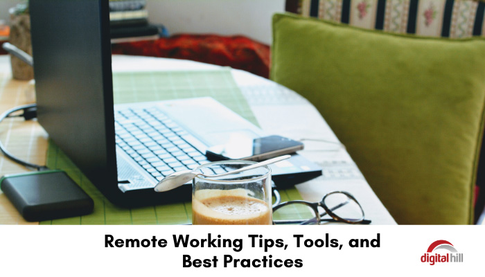 Tools to work remotely, laptop and mobile phone in a home office.
