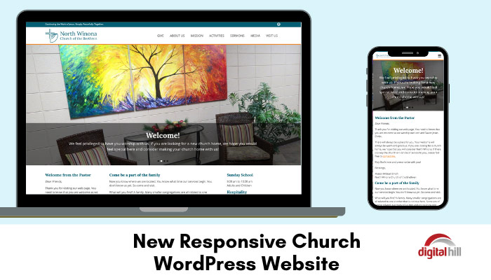 Responsive church wordpress website on laptop and mobile phone. 