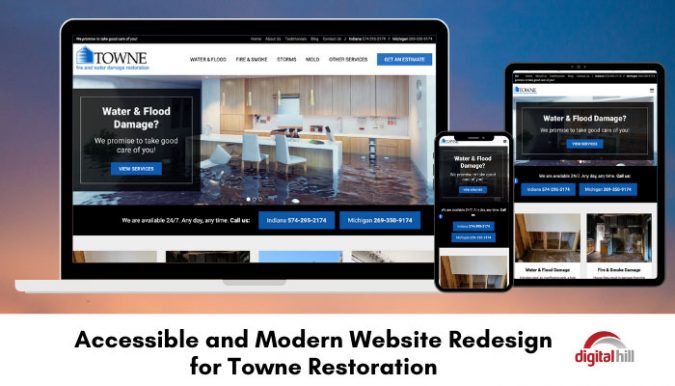 Towne-Restoration's accessible and modern website redesign shown on laptop, iPad and mobile. 