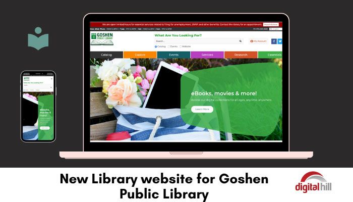 Home page of the new library-website-for-Goshen public library.
