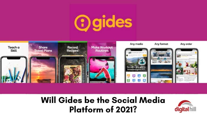 Yellow Gides Social media logo and smartphone images of the social media platform on a magenta background. 