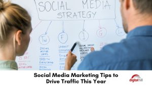 Social media marketing tips and strategies shown on a white board.
