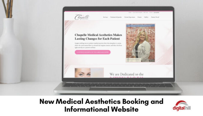 Medical aesthetics website shown on laptop. Pink and white colors.