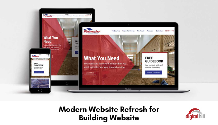 Modern website refresh for building website shown on laptop, iPad and mobile phone.